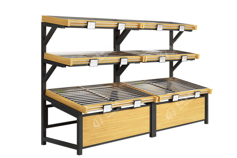 Huicheng 3 tier wooden fruit vegetable wall shelf display for supermarket
